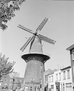 75923 Gezicht op de ter gelegenheid van de Nationale Molendag versierde molen Rijn en Zon in de Adelaarstraat te ...